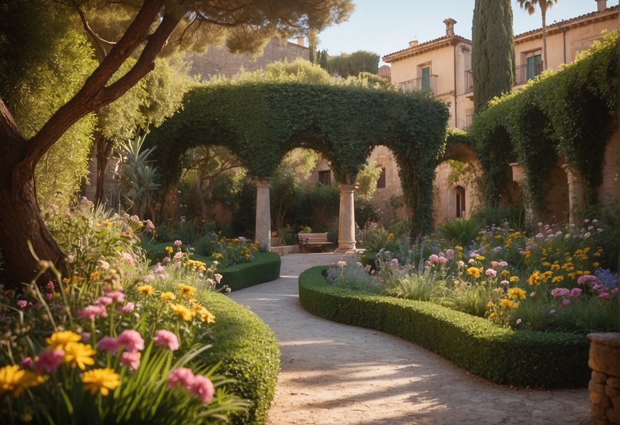 A secluded garden in Barcelona, overgrown with lush greenery and colorful flowers. A hidden oasis, with twisting pathways and hidden nooks, perfect for a romantic escape