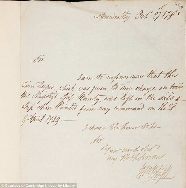 Admission: Captain Bligh's letter to the Admiralty explaining that the chronometer was 'pirated from my command'e Admiralty explaining that the chronometer was 'pirated from my command'