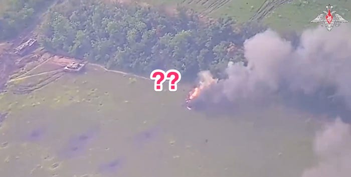 A video of a tank billowing smoke and fire in the countryside, said to show a Leopard tank being destroyed in Ukraine