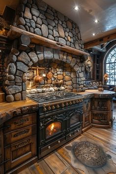 an old fashioned kitchen with stone oven and wood flooring in front of a large window