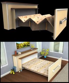 there are two different views of a bed with drawers on the bottom and an open drawer below