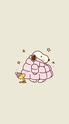 a drawing of a dog with a blanket on it's back, holding a baby duck
