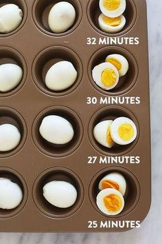 an egg tray with eggs in it and instructions for how to cut them into halves