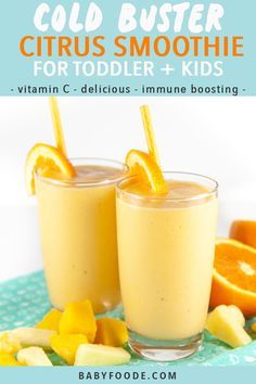 This Cold Buster Smoothie for Toddlers + Kids is loaded with vitamin C, natural electrolytes and probiotics that will boost the immune system, aid in digestion as well as provide extra hydration. PLUS - this delicious smoothie makes great popsicles which will help soothe sore and raw throats. #smoothie #toddler #kid #cold #vitmainc Cold Buster Smoothie, Cold Buster, Toddler Smoothies, Blood Sugar Tracker, Citrus Smoothie, Immune Boosting Smoothie, Natural Electrolytes, Immune Boosting Foods, Smoothies For Kids