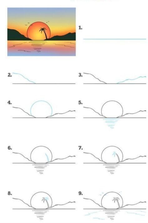 Easy To Draw Beach Scene, Line Art Drawings Step By Step, Step By Step Simple Drawings, Drawing Ideas Easy Sunset, Sunset Ideas Drawing, Landscape Sunset Drawing, Sunset Drawing Easy Step By Step, Landscape Drawing Easy Step By Step, Sunset Water Drawing
