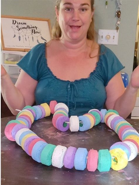 How to Make Giant Candy Necklaces from Pool Noodles Giant Candy Decorations, Sixlets Candy, Candy Decorations Diy, Candy Props, Willy Wonka Party, Candy Theme Birthday Party, Candy Themed Party, Candy Land Birthday Party, Candy Land Christmas Decorations Outdoor