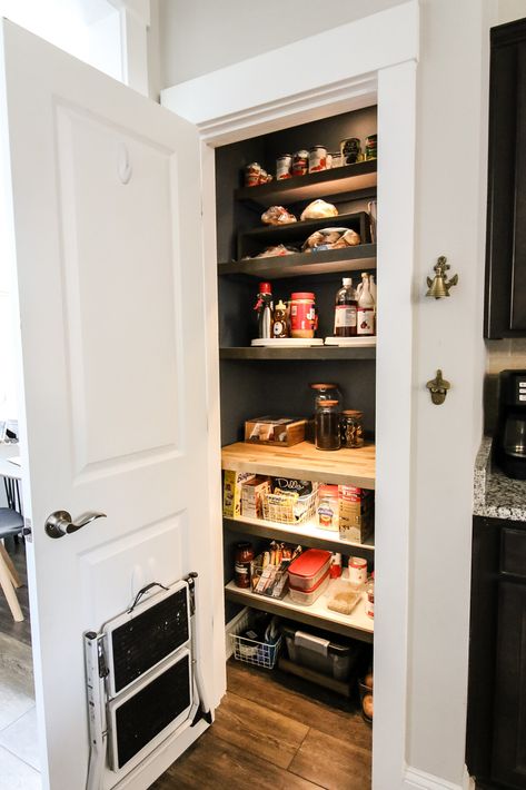 DIY organized small pantry Behr Nypd, Small Reach In Pantry, Organized Small Pantry, Small Pantry Shelving, Small Pantry Shelving Ideas, Small Pantry Closet, Pantry Closet Organization, Organize A Small Pantry, Pretty Pantry