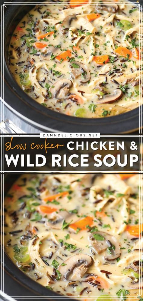 SLOW COOKER CHICKEN AND WILD RICE SOUP, comfort food, tasty dinner recipes Chicken Wild Rice Soup, Chicken And Wild Rice, Chicken Healthy, Crockpot Soup Recipes, Soup Recipes Slow Cooker, Rice Soup, Crockpot Recipes Slow Cooker, Slow Cooker Soup, Wild Rice