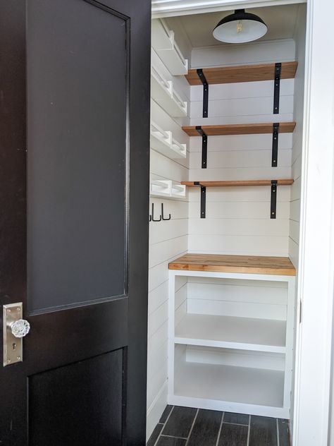 Pantry Utility Room Combo Storage, Small Long Pantry Ideas, Narrow Closet Pantry, Utility Closet And Pantry, Small Area Pantry Ideas, Small Pantry Microwave, Dark Wood Pantry Shelves, Small Farmhouse Pantry Ideas, Pantry Closet Wallpaper