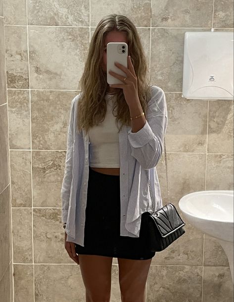 basic fit, striped shirt, black mini skirt, #cartierbracelet #bag #wavyhair #bathroompic #fit #outfit #stockholmstyle Black Mini Skirt Shirt Outfit, Black Jersey Mini Skirt Outfit, Button Down Mini Skirt Outfit, White Shirt Mini Skirt, Outfits With Striped Button Up Shirts, Striped Shirt And Skirt Outfit, Basic Outfits Skirt, Black Mini Skirt Office Outfit, White Skort Outfit Casual