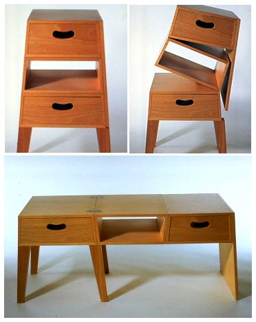 Great piece to have when you move a lot - 2 ways to use it depending on the space you have! Shin + Tomoko Azumi  Product Glamping Furniture Ideas, Stacking Furniture, Metamorphic Furniture, Foldable Cabinet, Collapsible Furniture, Mebel Antik, تصميم الطاولة, Foldable Furniture, Transforming Furniture