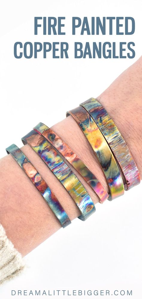 Did you know you can paint copper metal with flame? Make these Fire Painted Copper Bangles and add some gorgeous color to your jewelry box! Copper Work, Copper Painting Art, Copper Patina Diy, Hebrew Jewelry, Copper Jewelry Diy, Copper Bangles, Handmade Copper Jewelry, Patina Jewelry, Silversmithing Jewelry