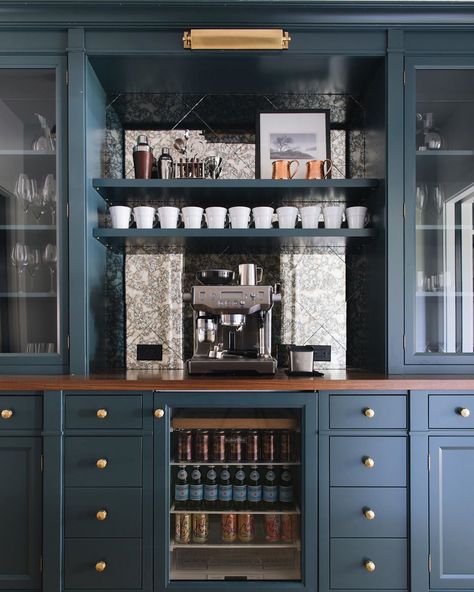 Jean Stoffer on Instagram: “A coffee bar. I am noticing that many of our clients want a dedicated area for coffee making. So we are often including them in our…” Jean Stoffer, Coffee Station Kitchen, Coffee Bars In Kitchen, Home Coffee Stations, Herringbone Backsplash, Built In Bar, Coffee Bar Home, Home Bar Designs, Bar Areas