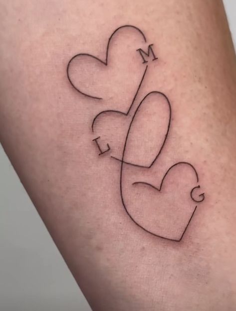 3 Mini Heart Tattoo, Sibling Heart Tattoos For 3, Initial And Birthdate Tattoo, Tiny Mom And Daughter Tattoos, Godchild Tattoo Ideas, Granddaughter Tattoo Ideas Grandmothers, Family Related Tattoos, Fine Line Name Tattoo, Hearts Tattoo Designs