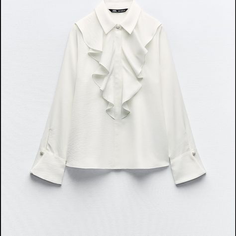 Nwt Zara Silky Ruffle Blouse With Crystal Accents Size Small 100% Polyester ** Not Exact As Model Picture Similar Style Frilly Blouse, Zara Blouse, Zara White, Collar Blouse, Model Pictures, Collar And Cuff, Contemporary Fashion, Zara Tops, Effortless Style