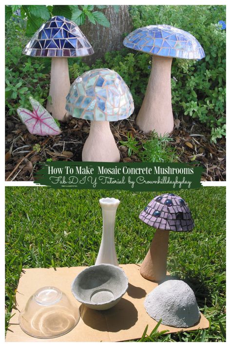 Concrete Mushrooms, Garden Ideas Homemade, Fairy Garden Ideas Diy, Mushroom Crafts, Garden Mushrooms, Concrete Diy Projects, Garden Crafts Diy, Outdoor Crafts, Concrete Crafts
