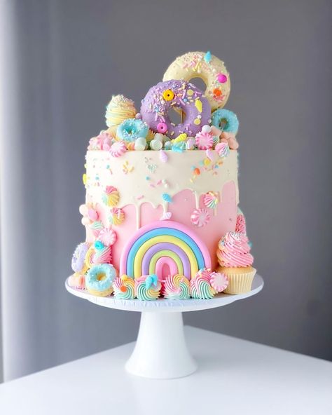 Cake Me Crazy®️ on Instagram: “Candy land 🍭🍬🍩 This style is far too much fun to create, so please order more 🤣 that drip just topped it off. I used @loyalbakeware…” Candy Theme Cake, Sweet Birthday Cake, Cotton Candy Cakes, Candyland Cake, Candy Birthday Cakes, Rainbow Birthday Cake, Candy Birthday Party, Donut Birthday Parties, Candyland Birthday