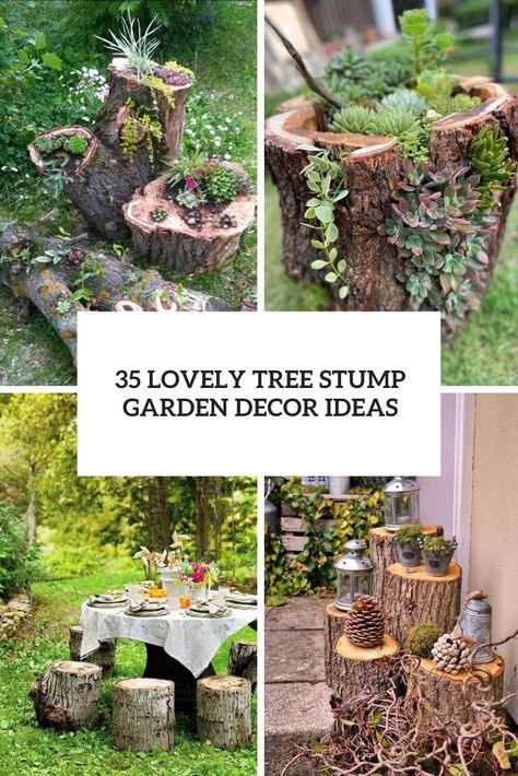 Picture of lovely tree stump garden decor ideas Upcycling, Garden Ideas With Tree Stumps, Tree Stump Garden, Tree Stumps Diy, Stump Garden, Tree Stump Decor, Hobbit Garden, Tree Stump Planter, Garden Engagement Photos
