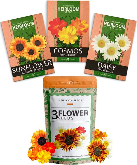 PRICES MAY VARY. 3 Popular Flower Seeds Collection - This is the perfect way to start your own flower garden. We have carefully chosen the most popular annuals and perennials flowers that you can grow in your garden all year round. Non-GMO, USA Seeds - We know how important it is to provide you what has been harvested in the US. These flower seeds are open-pollinated, untreated, freshly harvested in the US and have a high germination rate. Wake Up to a Colorful Garden Each Day - These carefully Autumn Beauty Sunflower, How To Grow Dill, Perennials Flowers, Oxeye Daisy, Flower Seeds Packets, Popular Flowers, Gardening Gift, Plant Seeds, Heirloom Seeds
