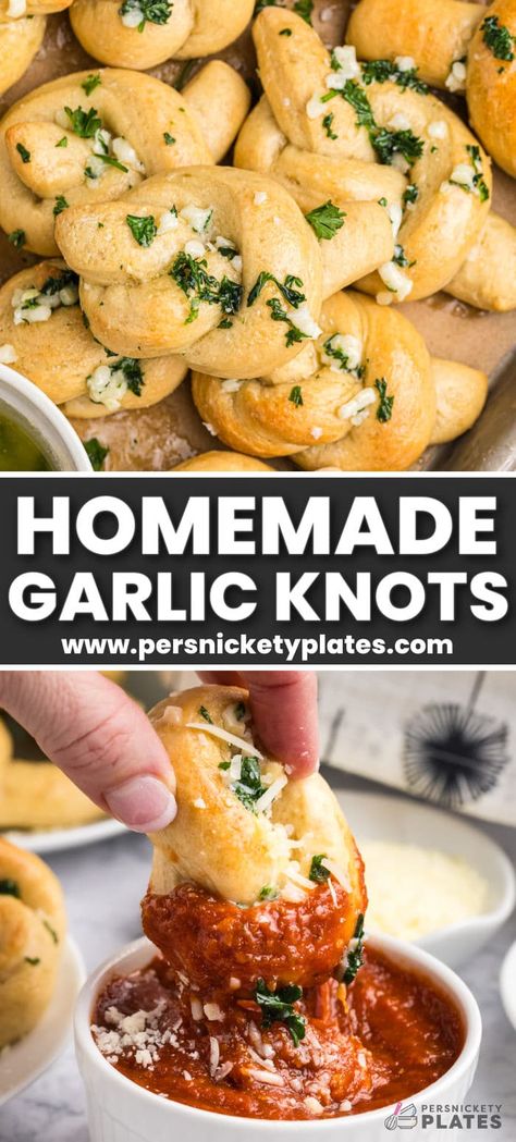 Easy Garlic Knots are homemade but simple to make. Topped with garlic butter and parmesan cheese, these buttery rolls are perfect alongside dinner or with sauce for dipping. Essen, Easy Garlic Knots, Homemade Garlic Knots, Marinara Dipping Sauce, Breakfast Biscuit Recipe, Roadhouse Rolls, Homemade Breadsticks, Breads Recipes, Buttery Rolls