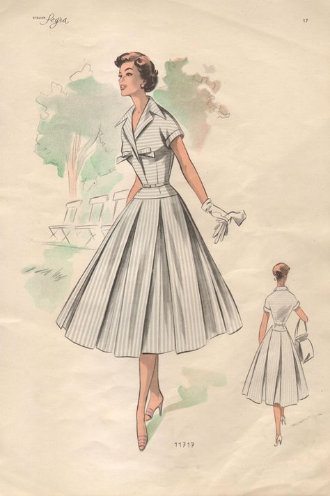 Haute Couture, Croquis, 1950 Dresses Vintage, 1950s Aesthetic Fashion, Vintage Sewing Pattern Illustrations, 60s Vintage Fashion, Vintage Dress Sewing Patterns, 50s Outfits, New Look Fashion