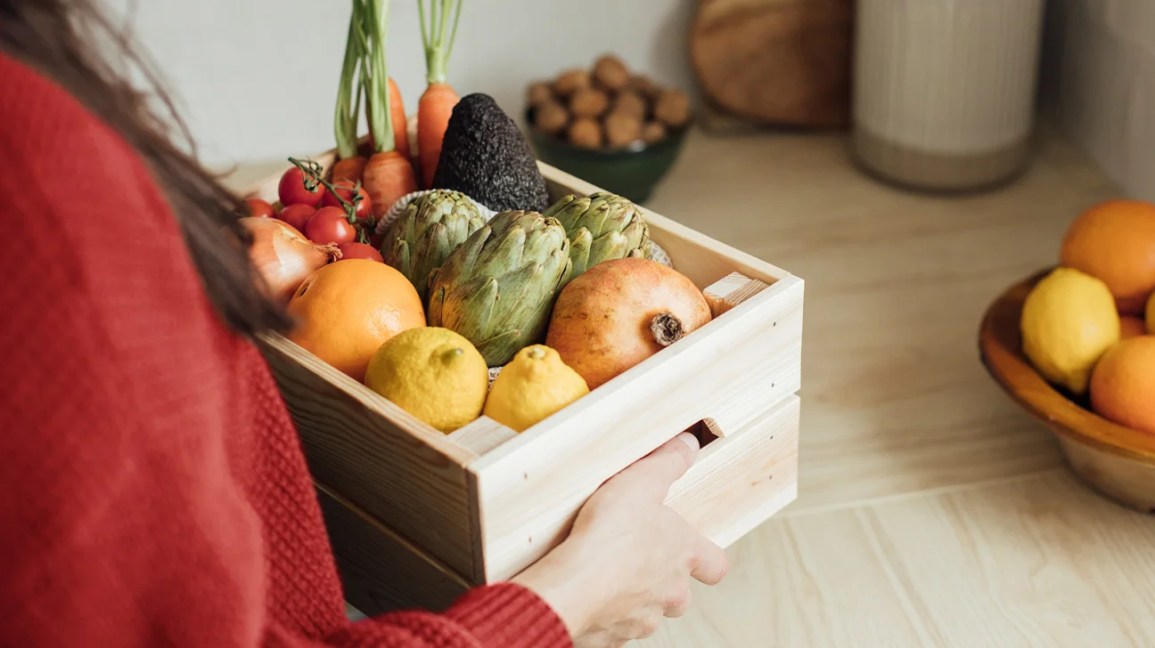 box of fresh fruits and veggies