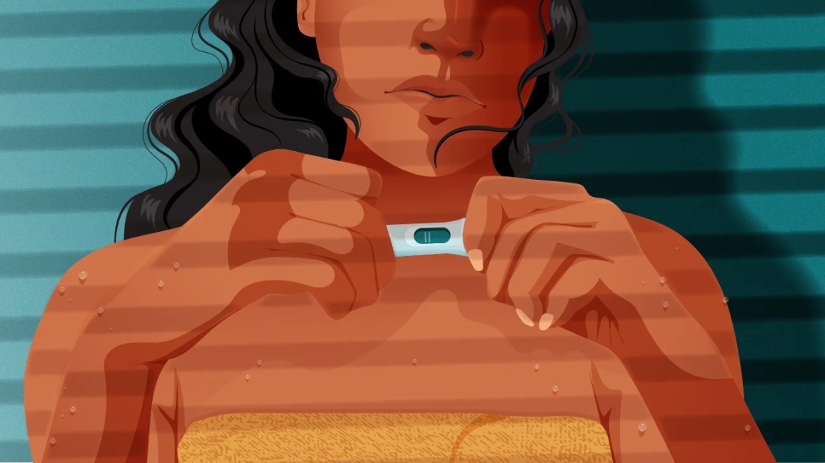 An illustration of a woman in a towel holding a positive pregnancy test