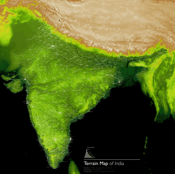 Terrain Visualization of India using SRTM and Openstreetmap data