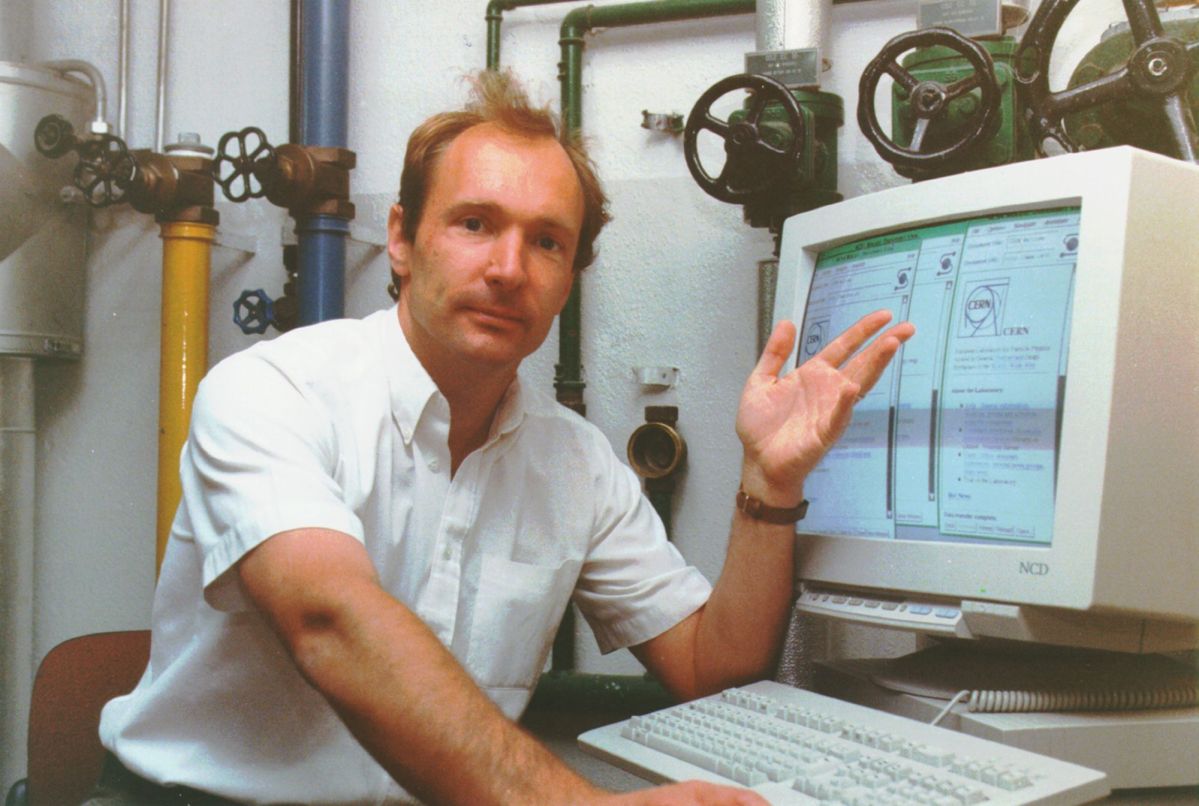 Sir Tim Berners-Lee, inventor of the World Wide Web, seated at his NEXT computer three decades ago.