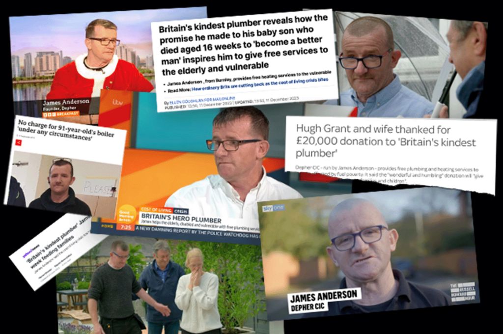 Graphic showing a collage of images of James Anderson's media appearances and headlines about his work