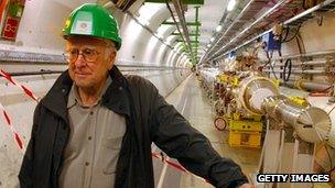 Professor Peter Higgs inside the Large Hadron Collider tunnel at CERN