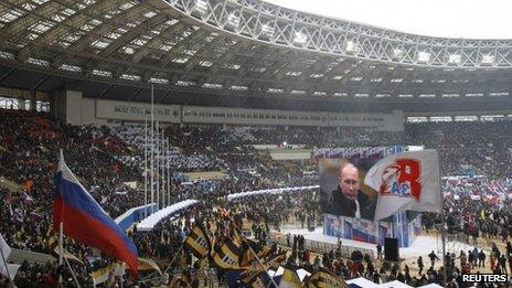 The rally for Vladimir Putin at Luzhniki stadium, Moscow, 23 February