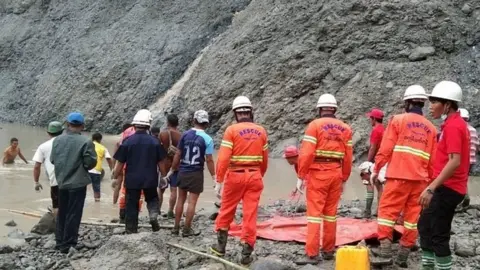 Myanmar Fire Services Rescuers at jade mine in Kachin