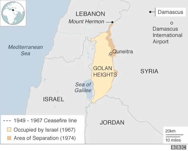 Map showing Israel, Lebanon, Syria and the Golan Heights