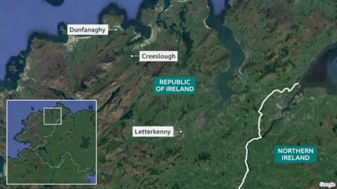 A map of the north-west of Ireland, showing Creeslough, close to Dunfanaghy and Letterkenny