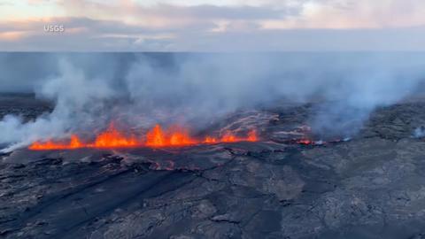 Lava fountaining from long fisures in Kilauea volcano in Hawaii