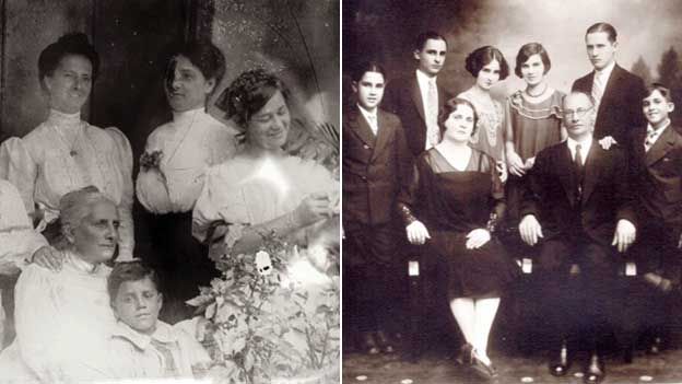 A composite image showing a photo of the Carvajal family in Costa Rica (left), and in the 1930s (right)