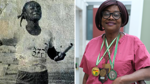 Rose Amankwaah in her sprinting days, and in her NHS uniform with her running medals