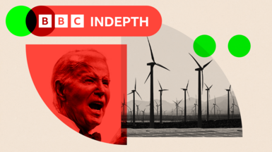 Montage showing US President Joe Biden alongside a wind farm
