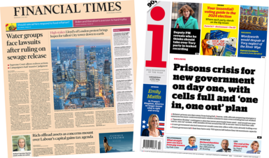 The headline in the Financial Times reads, "Water groups face lawsuits after ruling on sewage release", while the headline in the i reads, "Prisons crisis for new government on day one, with cells full and 'one in, one out' plan".