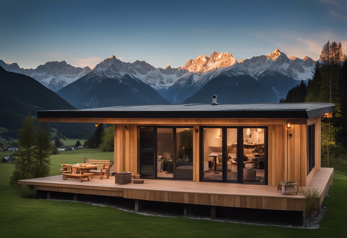 Modernes Einfamilienhaus im Chalet-Stil auf ImmoPortal Tirol mit atemberaubendem Blick auf die Tiroler Alpen bei Sonnenuntergang