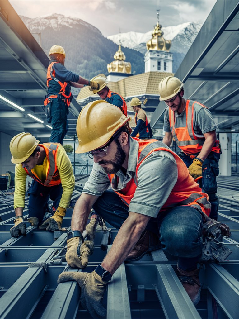 Fleißige Bauarbeiter bei der Montage von Stahlträgern auf einer Baustelle in Innsbruck mit Bergpanorama im Hintergrund