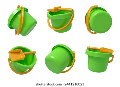 Green toy buckets and spades in different views. 3D Illustration Ilustração Stock