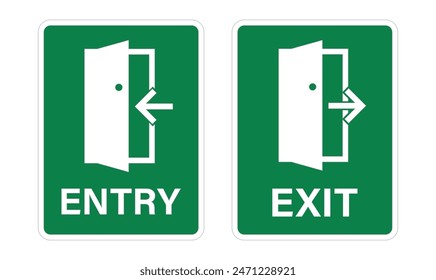 Bundle dreen rectangle entry and exit sign, with arrow toward opened door illustration