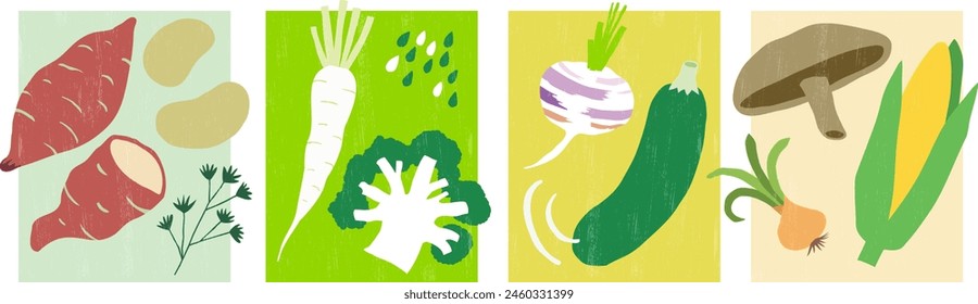 Hand-made vegetable illustration set. Sweet potato, yam, root vegetables, portobello muchroom.