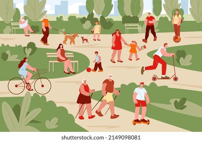 People in park. Sun urban green street for walking, woman man and children outdoor activities. Ride on bicycle and kick scooter, summer rest kicky vector scene