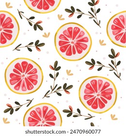 Seamless pattern, slices of lemon, grapefruit. Watercolor style illustration, light, cheerful print for kitchen. Tropical fruit, plants, flowers, repeat pattern. Fabric fashion, beautiful vector.