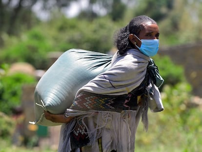 Agricultura en la región de Tigray (Etiopía) carga semillas provistas por la FAO para cultivar.