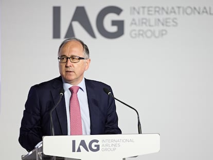 El consejero delegado de IAG, Luis Gallego, esta mañana en la junta de accionistas del grupo celebrada en Madrid.