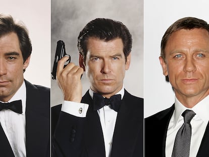De izquierda a derecha, retratos de Timothy Dalton, Pierce Brosnan y Daniel Craig, los tres últimos actores que han encarnado a James Bond.